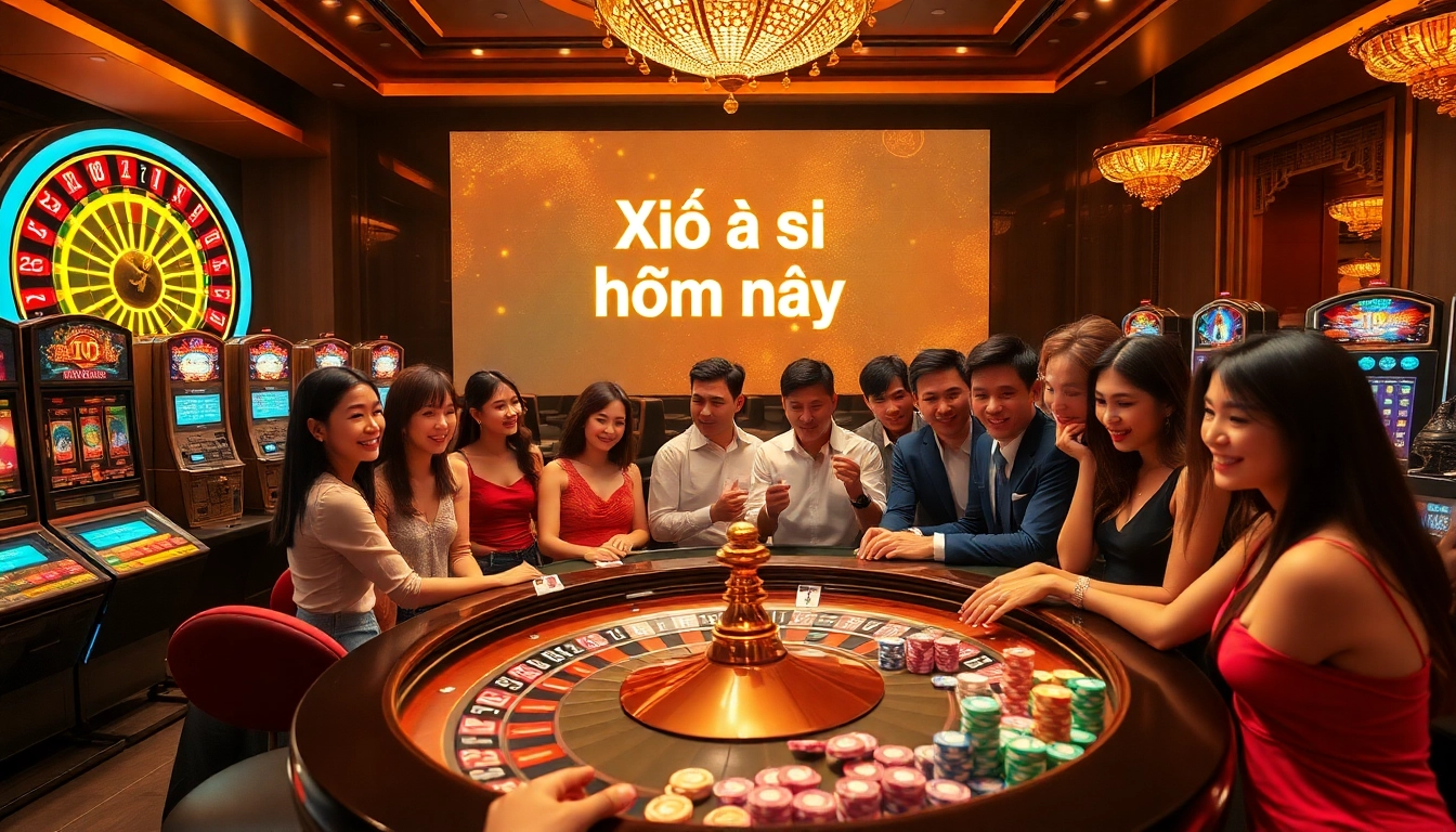 Xổ số hôm nay displayed on a luxurious casino backdrop with roulette and poker elements.