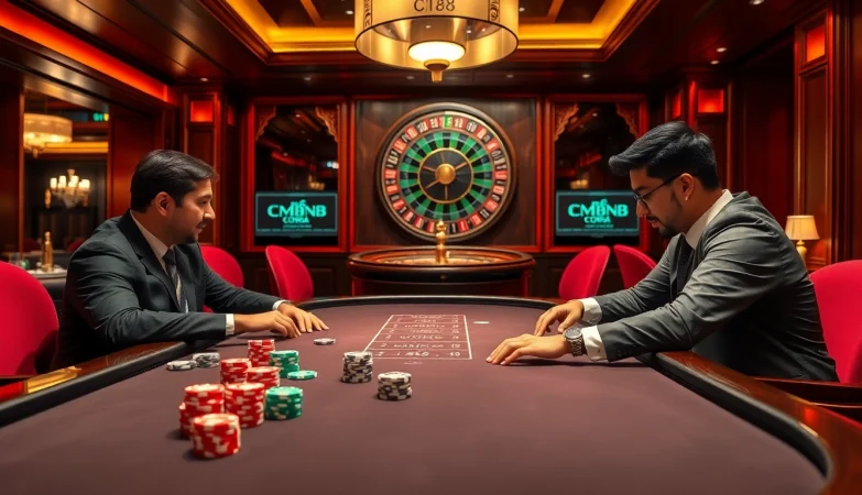 Experience thrilling strategies at CM88 poker tables with vibrant chips and expert players.