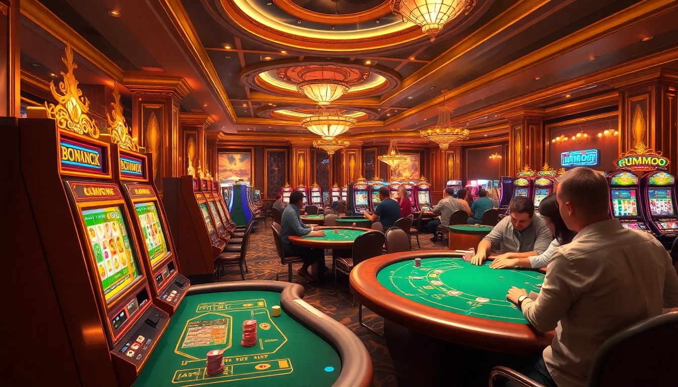 Engaged players enjoying vibrant MMOO casino games at luxurious tables and slot machines.