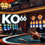 Hành động cược cao tại casino KO66 với các người chơi poker và bánh xe roulette.