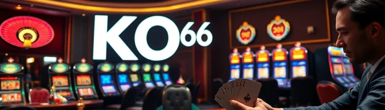 Hành động cược cao tại casino KO66 với các người chơi poker và bánh xe roulette.