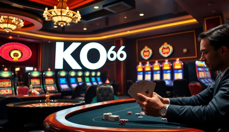 Hành động cược cao tại casino KO66 với các người chơi poker và bánh xe roulette.