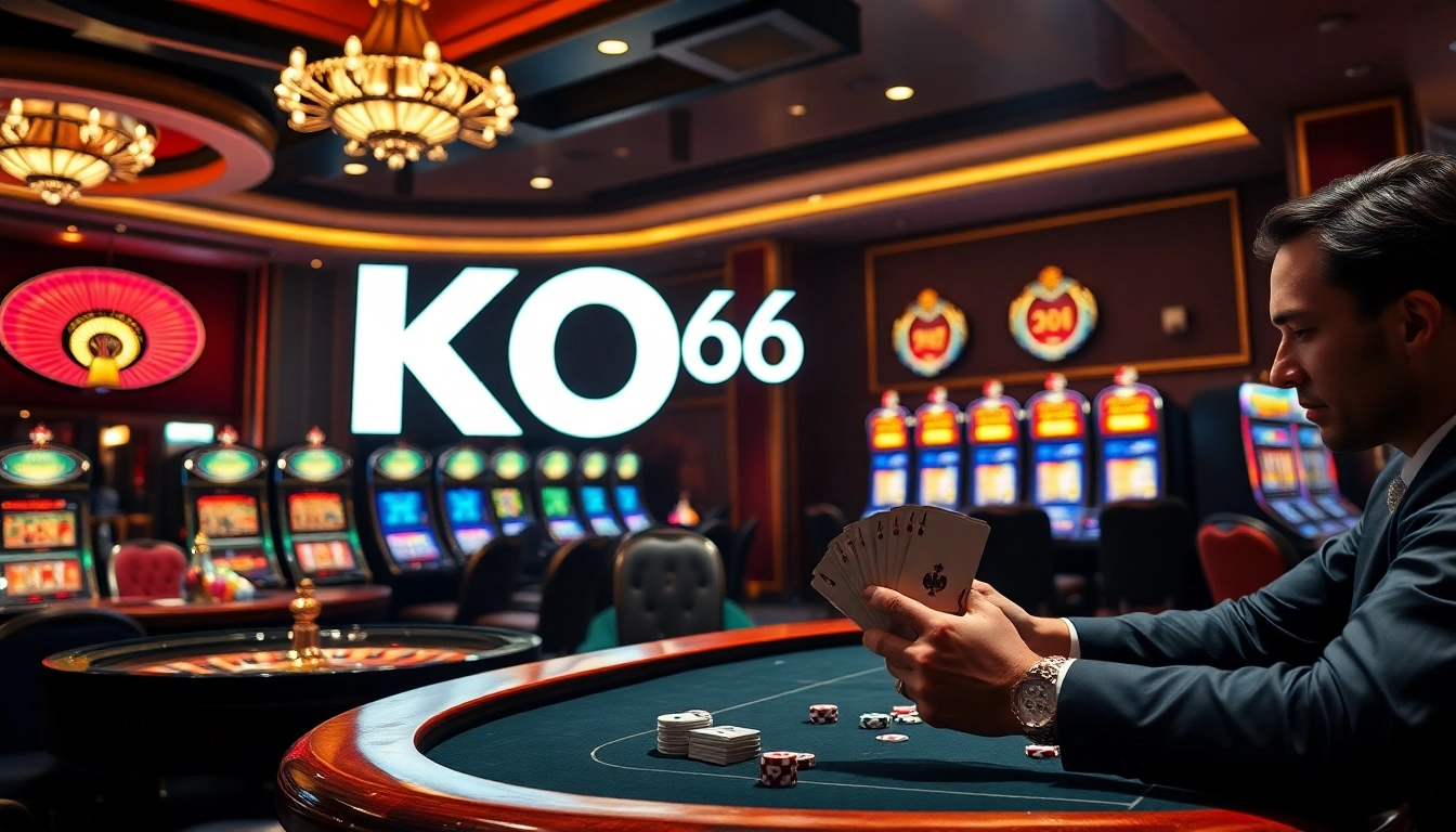 Hành động cược cao tại casino KO66 với các người chơi poker và bánh xe roulette.