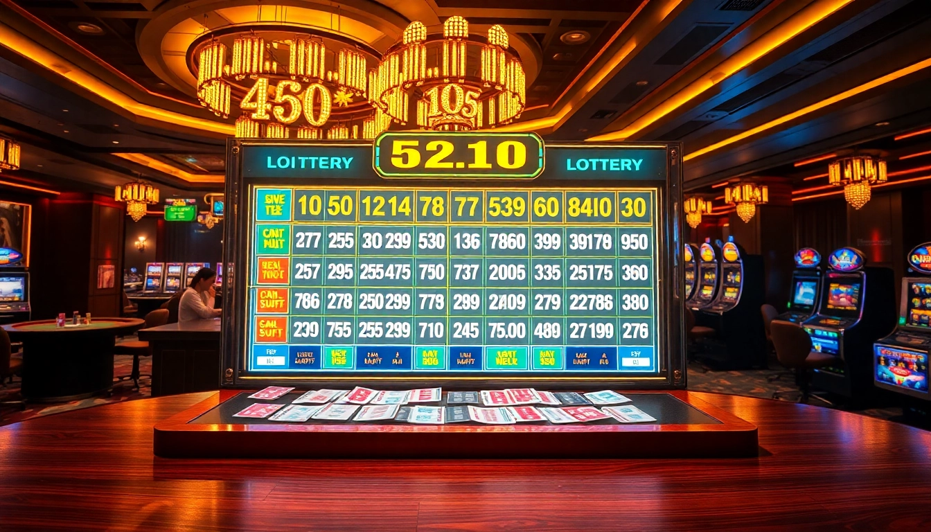 Excited players checking the Kết quả xổ số at a vibrant casino lottery draw.