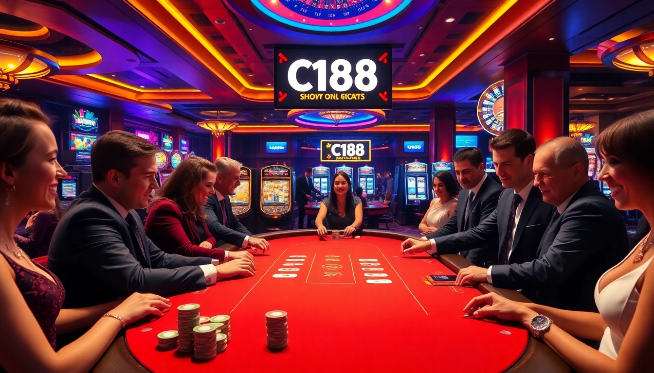 Excited players engaging in poker at C168, showcasing high stakes and vibrant casino atmosphere.