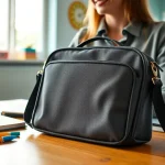 Handytasche Klassenzimmer auf einem Schreibtisch mit Schulmaterialien, die stilvollen Funktionen zeigt.