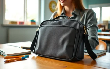 Handytasche Klassenzimmer auf einem Schreibtisch mit Schulmaterialien, die stilvollen Funktionen zeigt.