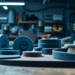 3M Schleifmittel Anzeige auf einer Werkbank, die innovative Schleifwerkzeuge und Materialien präsentiert.