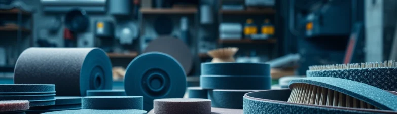 3M Schleifmittel Anzeige auf einer Werkbank, die innovative Schleifwerkzeuge und Materialien präsentiert.