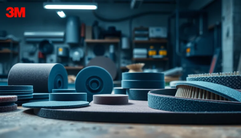 3M Schleifmittel Anzeige auf einer Werkbank, die innovative Schleifwerkzeuge und Materialien präsentiert.
