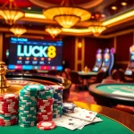 Luck8 online casino scene with roulette wheel and stacked poker chips.
