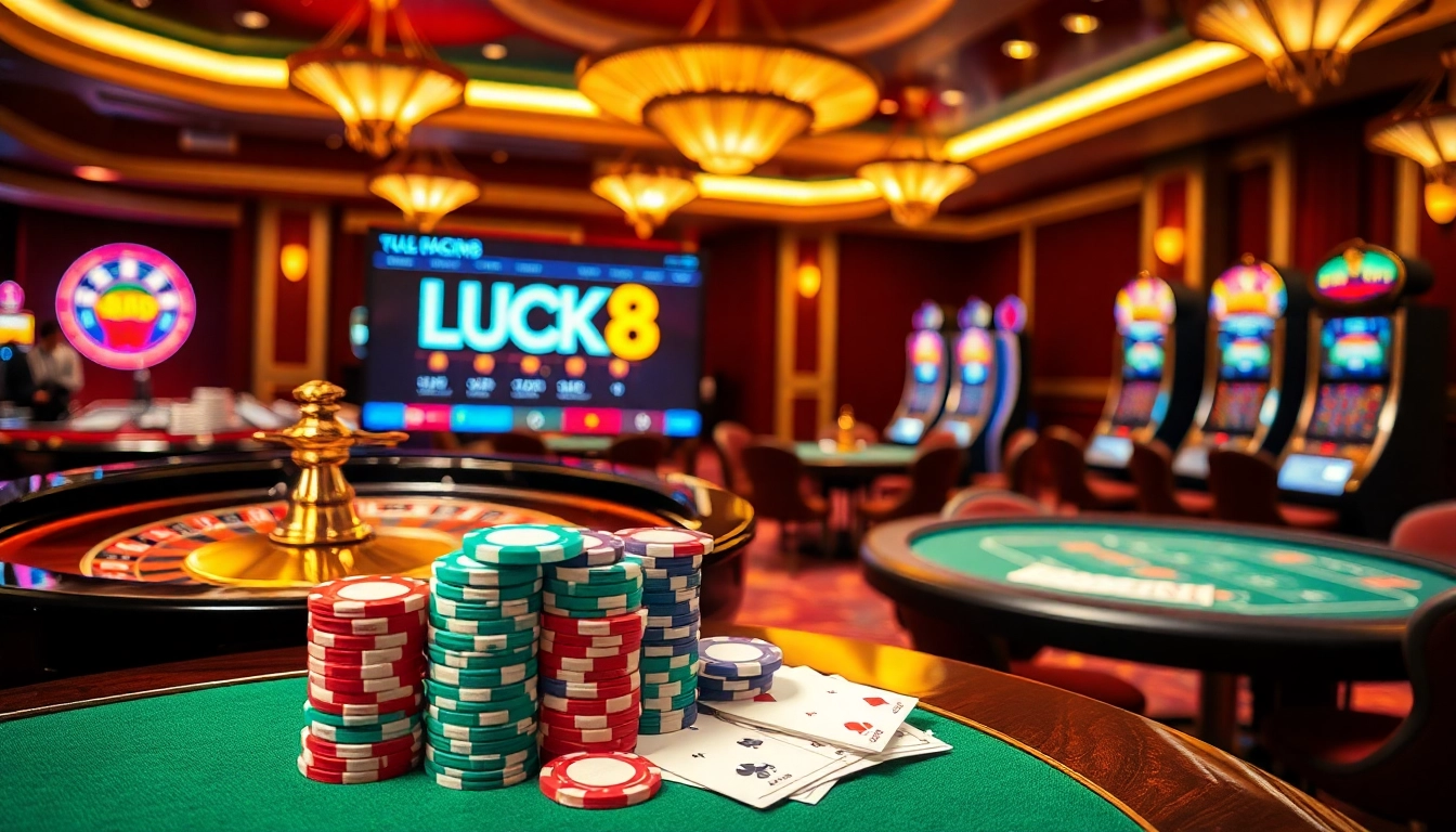Luck8 online casino scene with roulette wheel and stacked poker chips.