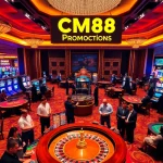 Engaging gamblers at a casino with CM88 promotions and vibrant gaming tables.