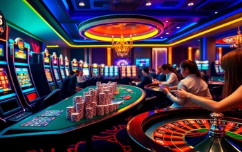 Cazinouri online Germania fără depunere prezentând elemente vibrante de cazinou cu mașini de slot, mese de poker și interfețe digitale.