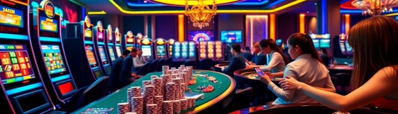 Cazinouri online Germania fără depunere prezentând elemente vibrante de cazinou cu mașini de slot, mese de poker și interfețe digitale.