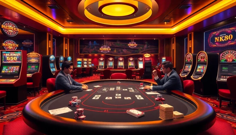 High-stakes poker action at NK88 with vibrant gaming elements and luxury ambiance.