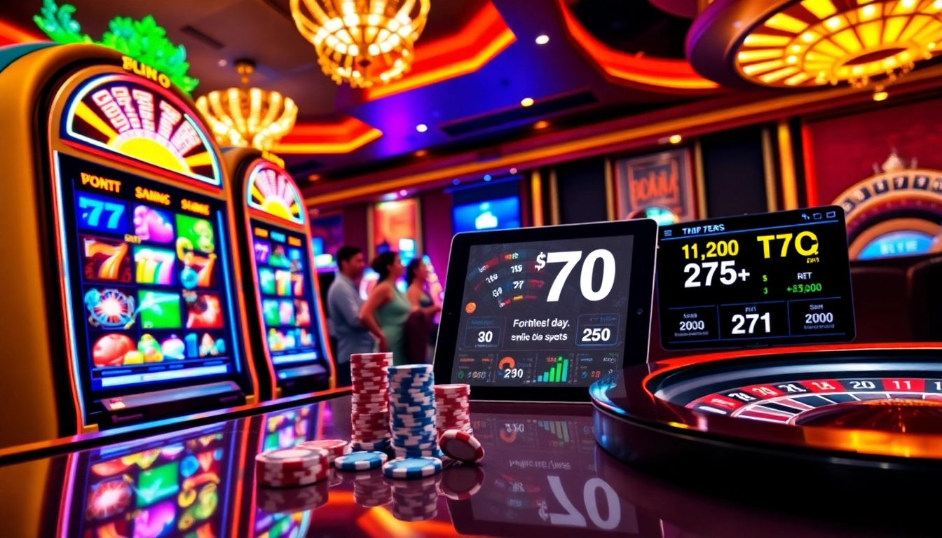 Engaged players enjoying Slot777 on colorful slot machines in a vibrant casino setting