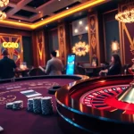 GG88 vibrant online casino scene with poker chips, roulette wheel, and players engaged in action.