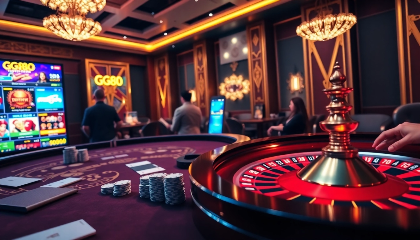 GG88 vibrant online casino scene with poker chips, roulette wheel, and players engaged in action.