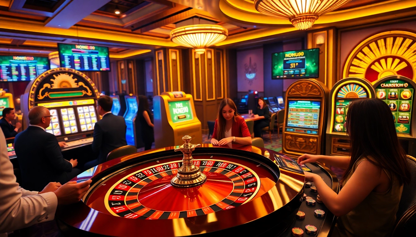 Experience the thrill of Nohu90 with a luxurious casino scene featuring a roulette wheel and vibrant slot machines.