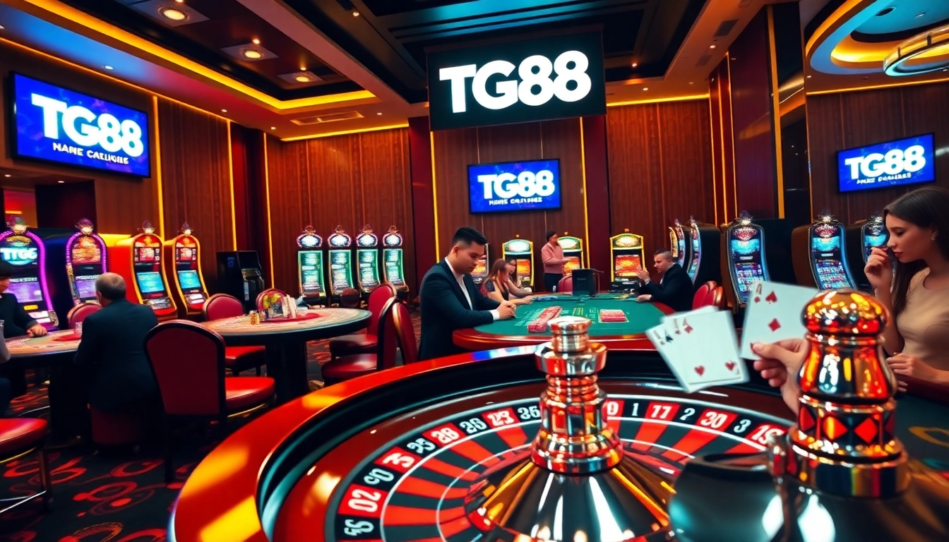 Experience the thrill of high-stakes gambling at TG88 casino with luxurious poker and roulette tables.
