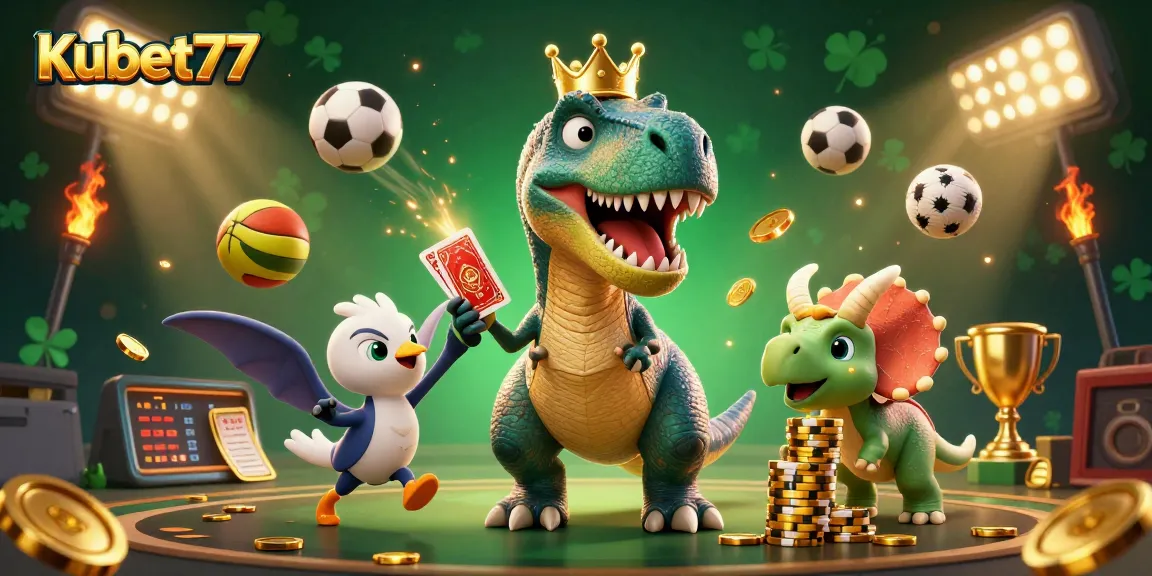 Kubet77 players engaging with lively game characters in a vibrant casino illustration.