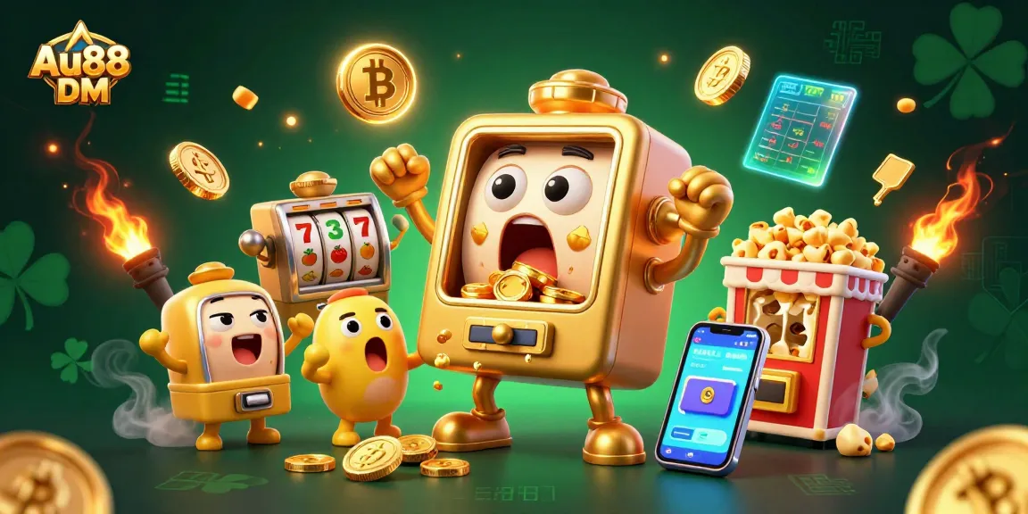 Engage with exciting slot action at Au88 DM, featuring a golden slot machine and festive characters.