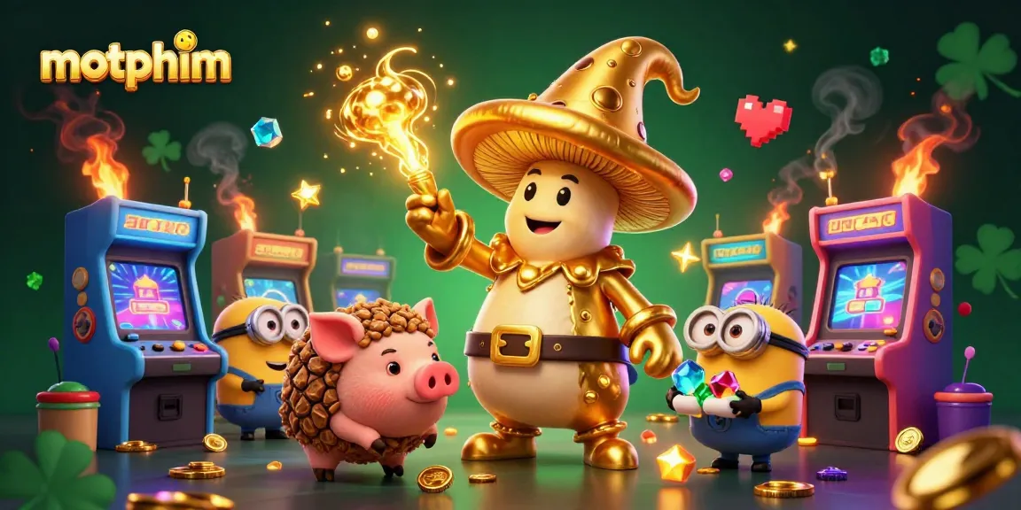 Experience the gold rush with motphim as the mushroom wizard channels fortune amidst vibrant casino visuals.