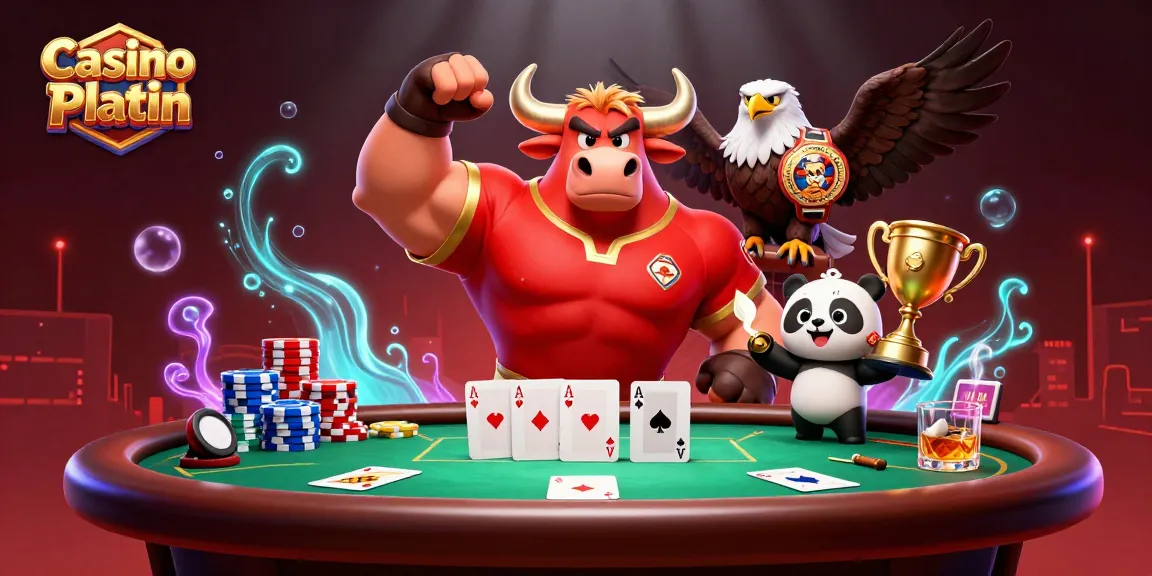 Engage in Casino Platin gaming with a dynamic scene featuring a victory pose, poker elements, and festive characters.