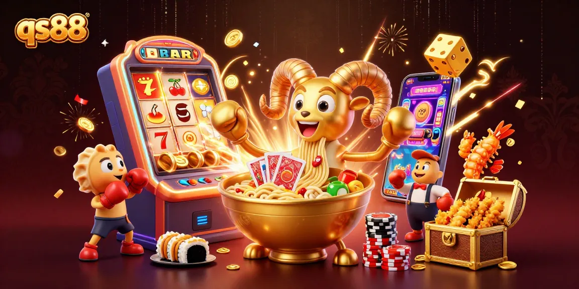 Engage with qs88's vibrant casino scene featuring characters stacking chips and winning jackpots.