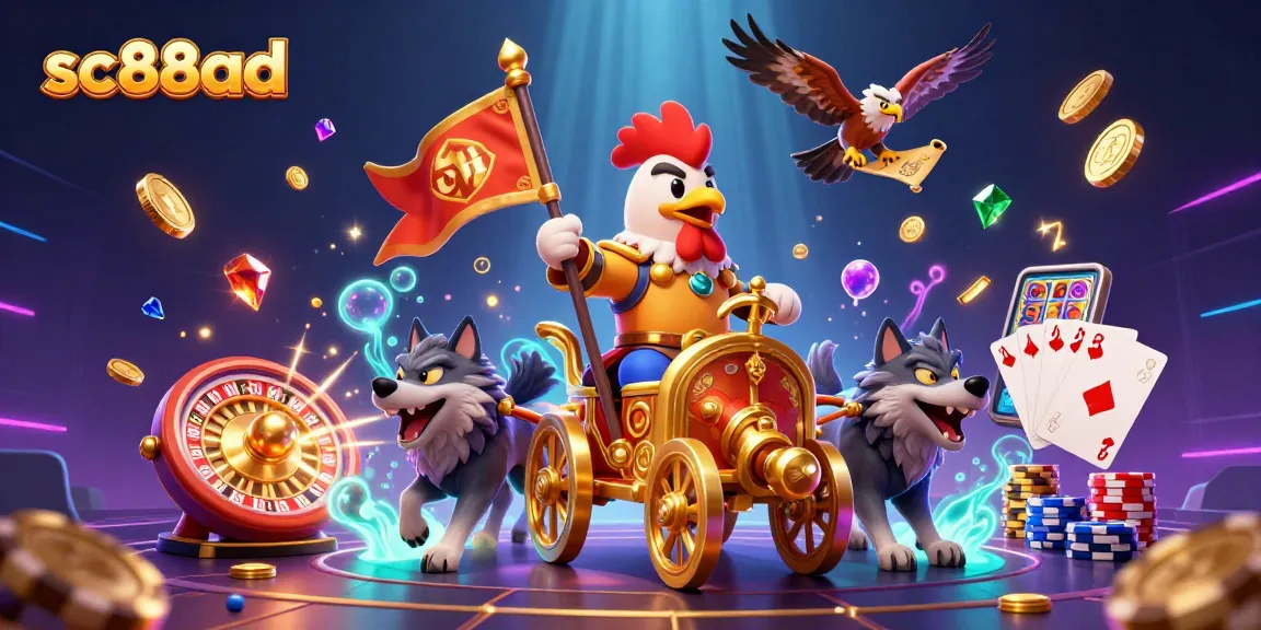 Experience excitement with sc88ad featuring a rooster warlord and treasures in a 3D casino scene.