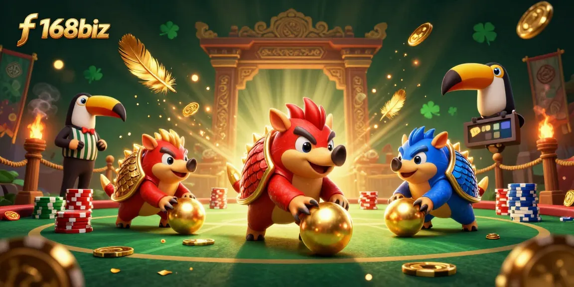 Engage in thrilling fun with f168biz as rival pangolins battle in a vibrant casino scene.