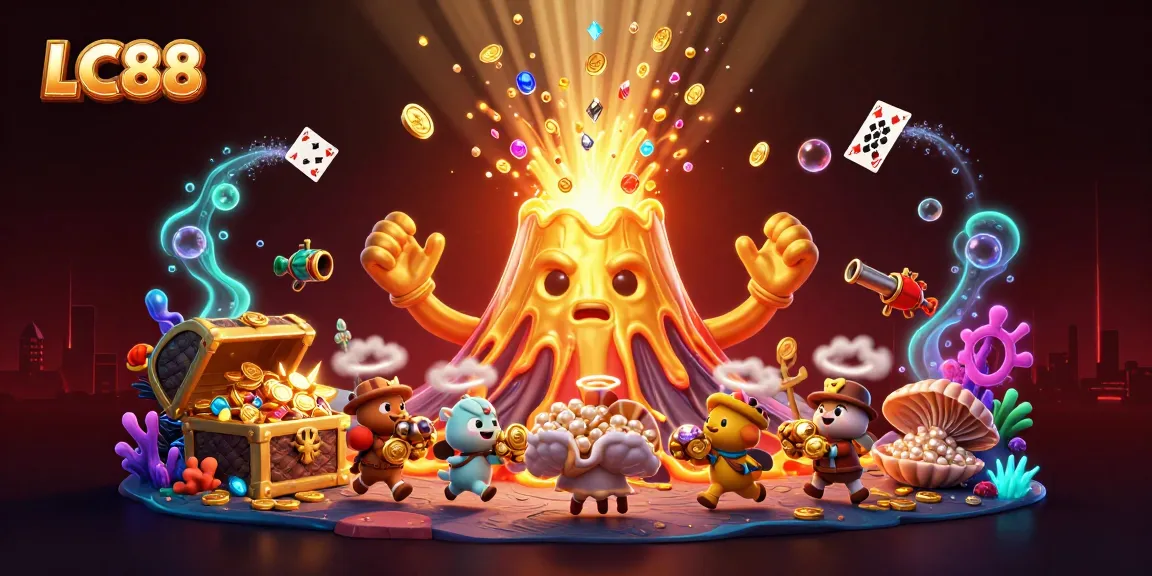 Experience excitement at LC88 with a triumphant volcano erupting treasure in a vibrant casino fantasy scene.