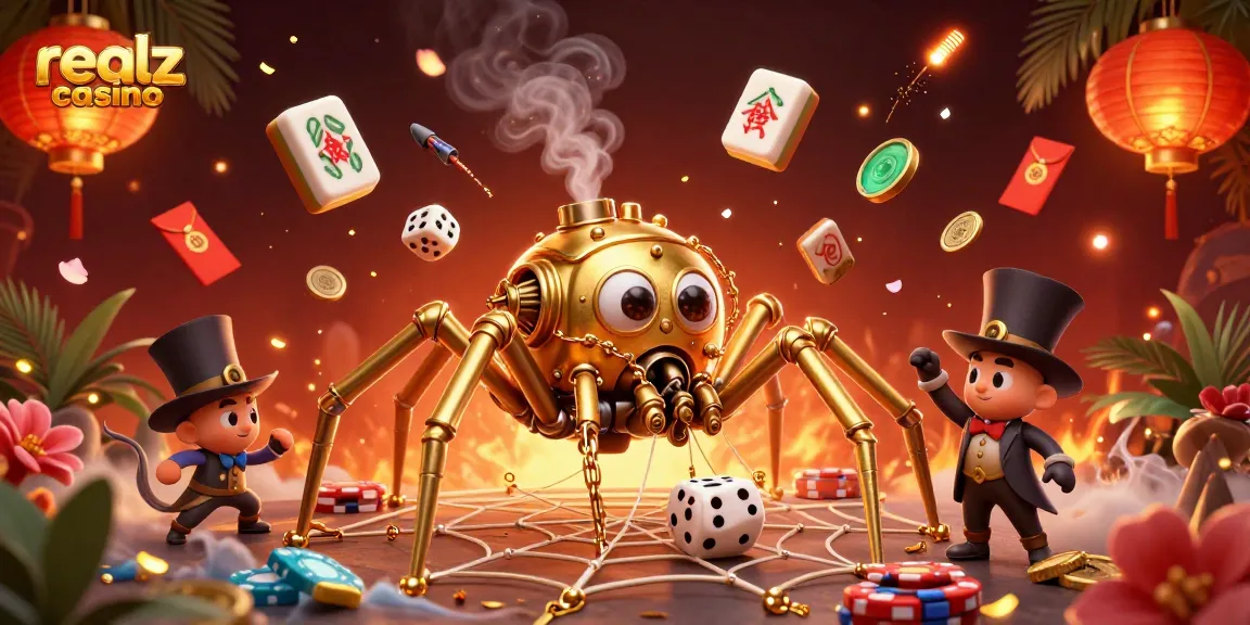 Engage with realz casino's vibrant gaming world featuring a whimsical steampunk spider and exciting casino elements.
