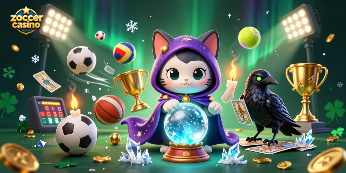 Zoccer Casino scene featuring a mystic cat with a crystal ball, dynamic sports actions, and vibrant gaming elements
