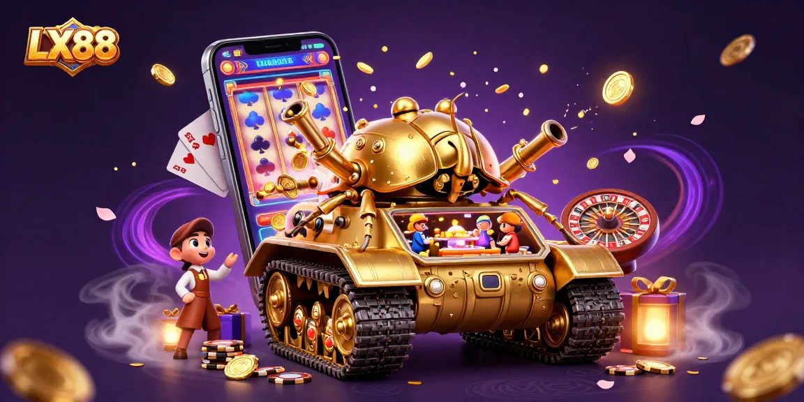Experience the thrilling world of LX88 with a golden beetle tank casino illustration featuring dynamic gaming action.