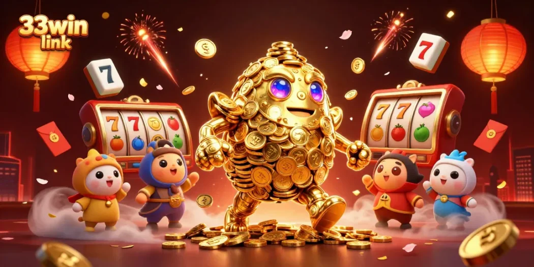 Experience the thrill with the 33win link in this dynamic casino scene featuring golden golem and vibrant gaming elements.