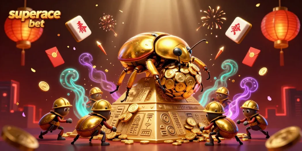 Experience thrilling wins with superace bet as golden dung beetles roll coins in a vibrant casino scene.