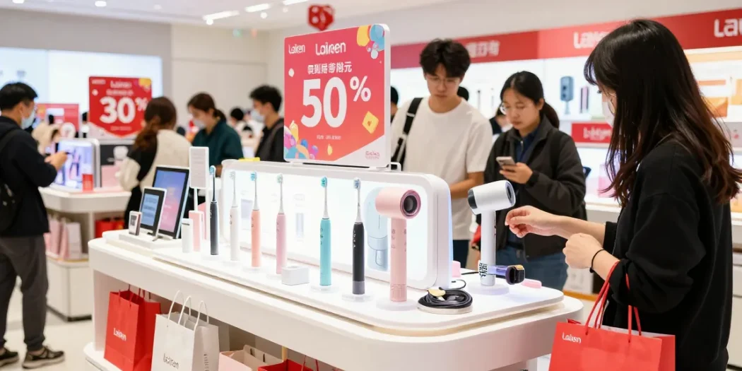 Laifen de Prime Day Aktionen mit elektrischen Zahnbürsten und Haartrocknern in einem einladenden Geschäft.