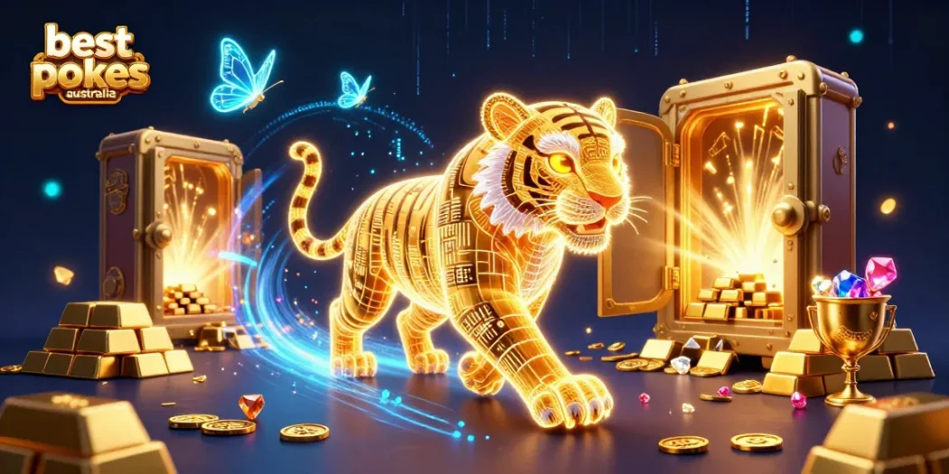 Experience the thrill of winning with the best online pokies Australia in a vibrant 3D digital casino scene filled with treasures.