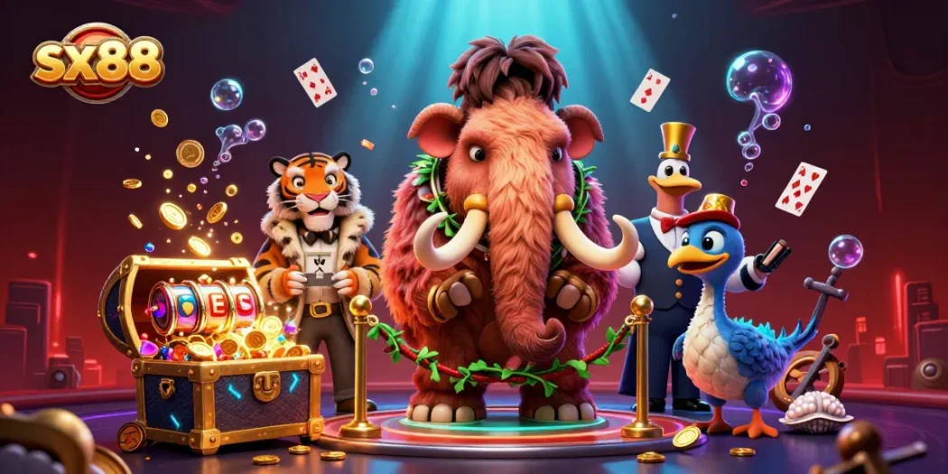 SX88: Experience the thrilling casino scene with a woolly mammoth bouncer, saber-tooth tiger VIP, and vibrant slot reels.