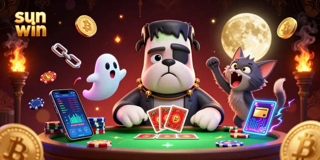 Engage in winning with sun win at a haunted card table featuring unique characters and crypto elements.
