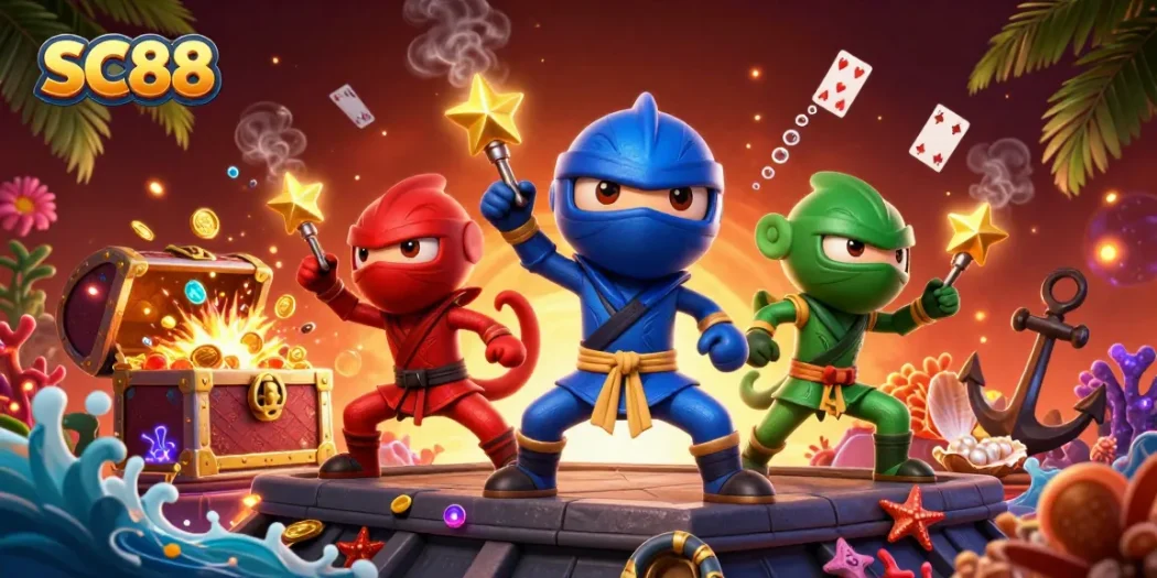 SC88 ninjas perform martial arts with gold coins and casino elements in a vibrant scene.