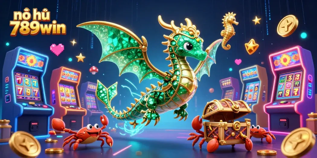Nổ hũ 789win brings excitement to the casino with a vibrant underwater themed scene featuring slot reels, a sea dragon, and colorful elements.