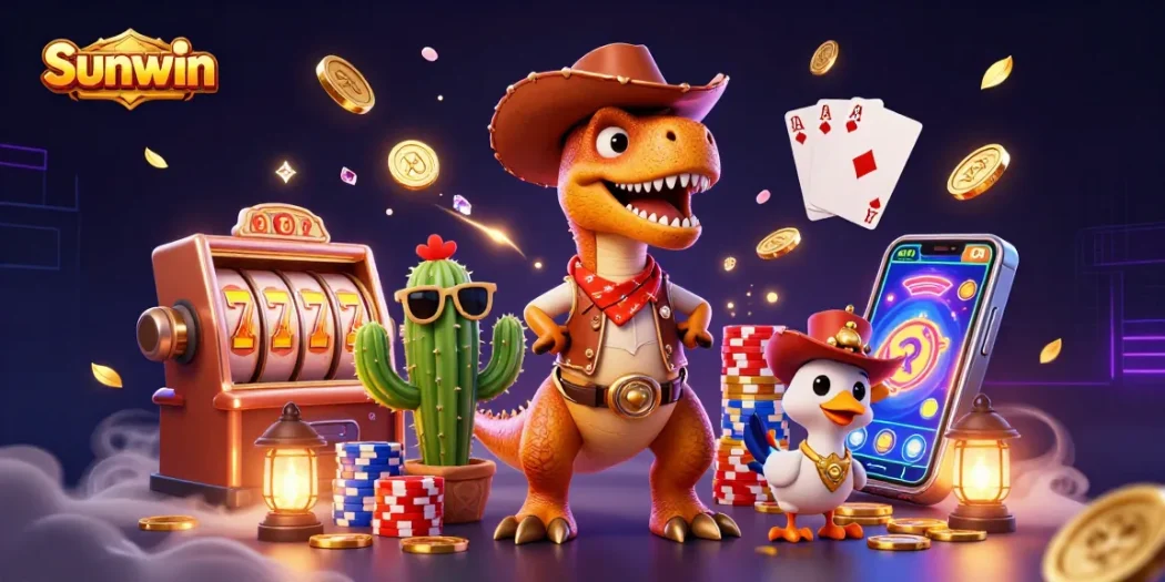 Spin the reels with Sunwin's vibrant 3D cowboy T-Rex and symbol-laden action!
