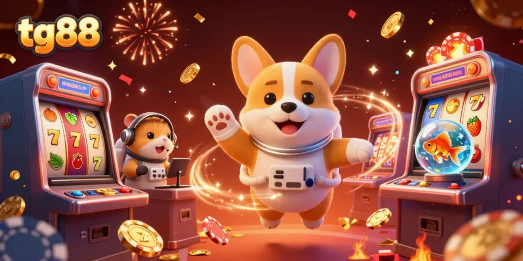 Experience exciting gaming at tg88 with a floating corgi astronaut and slot machines in vibrant space.