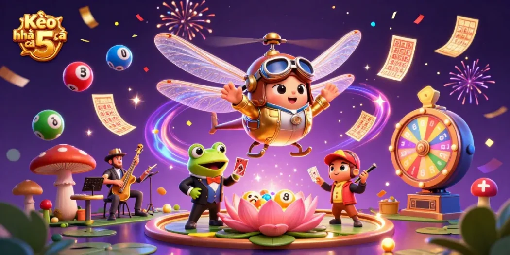 Kèo nhà cái 5 showcases a vibrant casino scene with a dragonfly pilot and frog dealer, emphasizing dynamic gaming excitement.