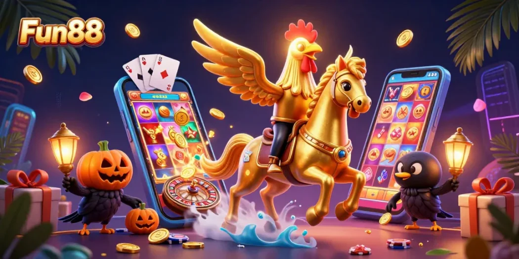 Experience Fun88's vibrant casino atmosphere with a golden rooster hero navigating a thrilling gaming scene.