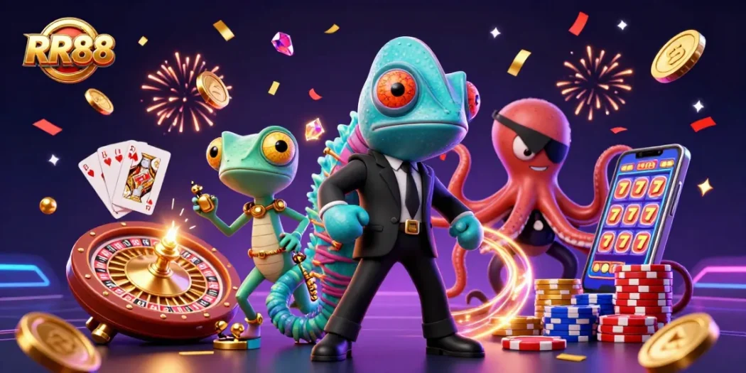 Experience the thrill of RR88 with colorful characters and dynamic casino elements filling the scene.